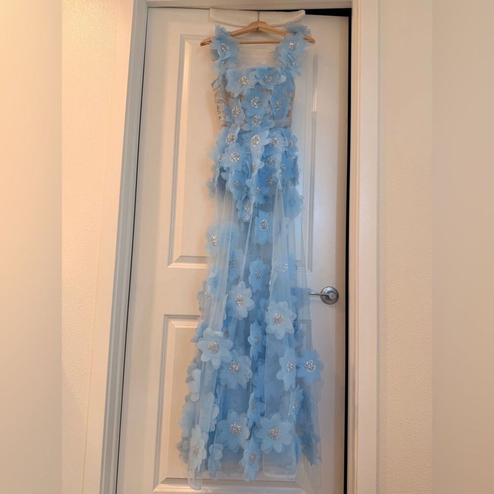 NWOT BRONX AND BANCO Rosalie Powder Blue Gown, wedding guest max dress - Picture 7 of 16